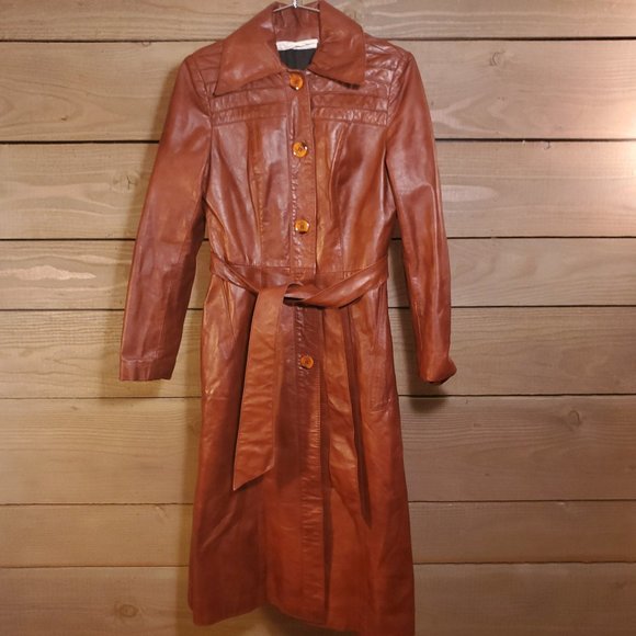 Vintage Jackets & Blazers - Vintage Red-Brown Genuine Leather Trench Coat